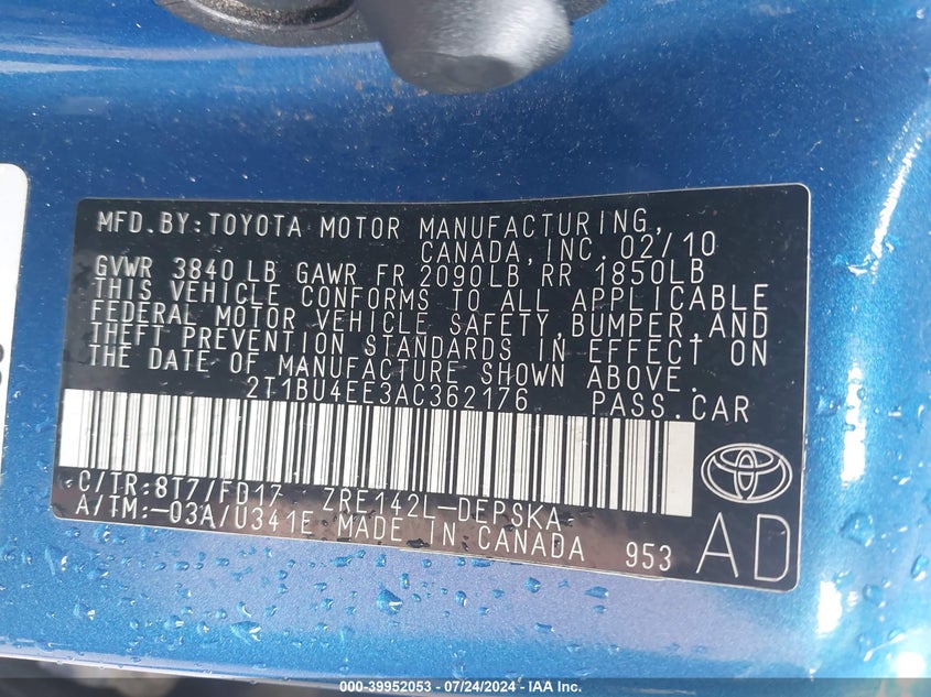 2010 Toyota Corolla S VIN: 2T1BU4EE3AC362176 Lot: 39952053