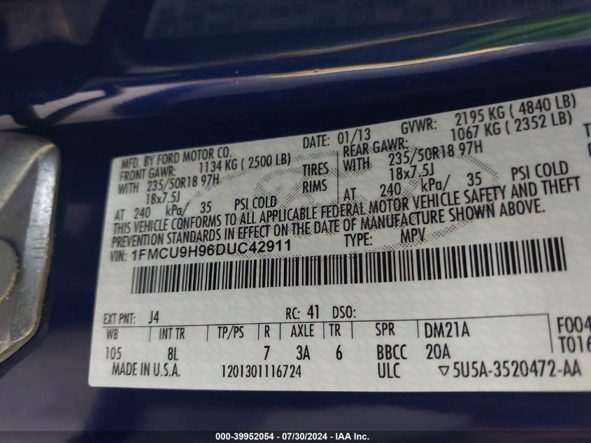 2013 Ford Escape Sel VIN: 1FMCU9H96DUC42911 Lot: 39952054