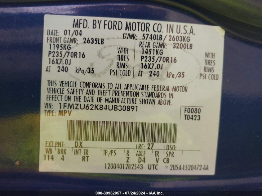 2004 Ford Explorer Xls VIN: 1FMZU62K84UB30891 Lot: 39952057