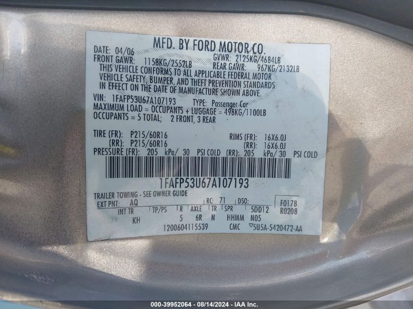 2007 Ford Taurus Se VIN: 1FAFP53U67A107193 Lot: 39952064