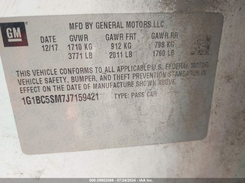 2018 Chevrolet Cruze Ls Auto VIN: 1G1BC5SM7J7159421 Lot: 39952069