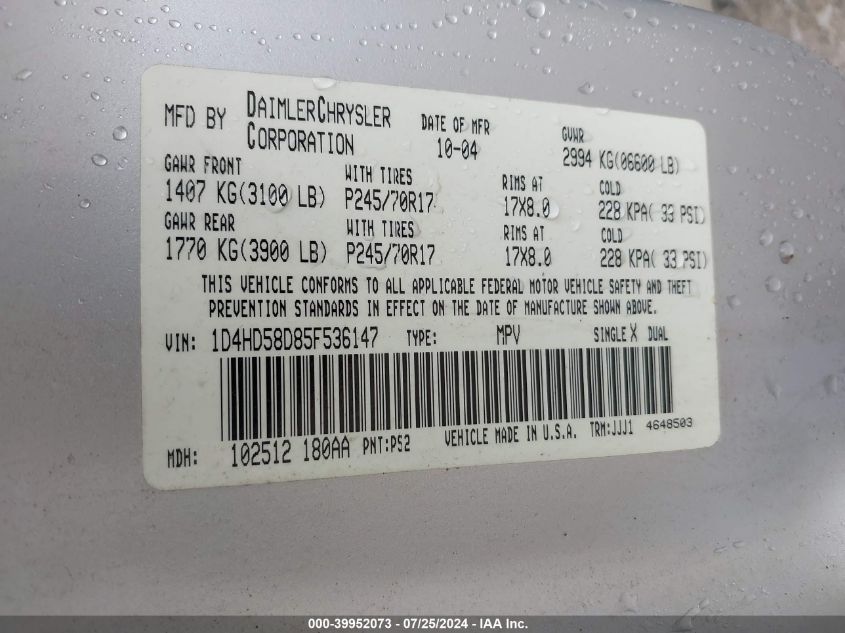 2005 Dodge Durango Limited VIN: 1D4HD58D85F536147 Lot: 39952073