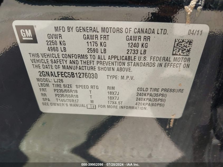 2011 Chevrolet Equinox Ltz VIN: 2GNALFEC5B1276030 Lot: 39952098