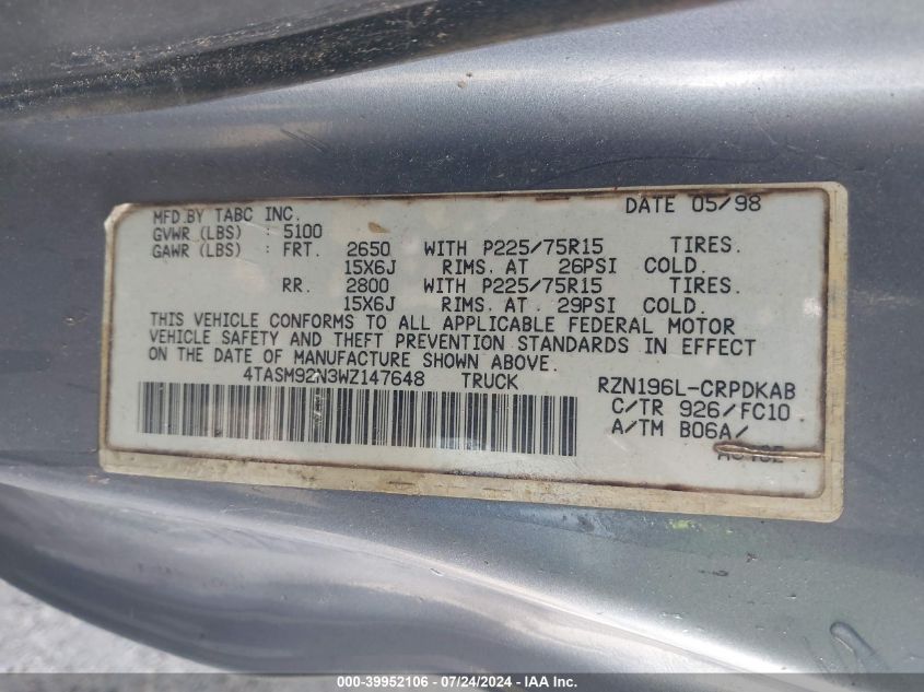 1998 Toyota Tacoma Prerunner VIN: 4TASM92N3WZ147648 Lot: 39952106