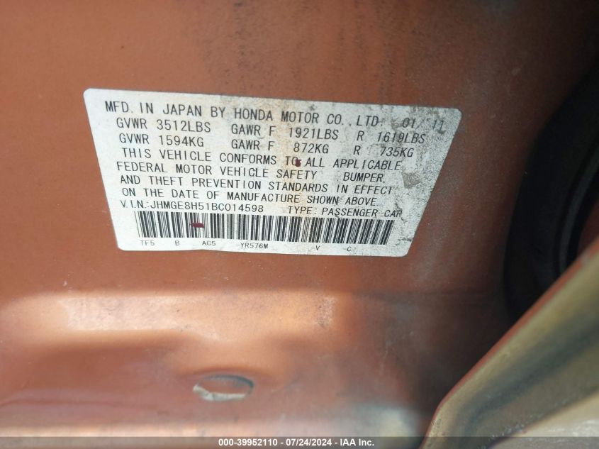 2011 Honda Fit Sport VIN: JHMGE8H51BC014598 Lot: 39952110