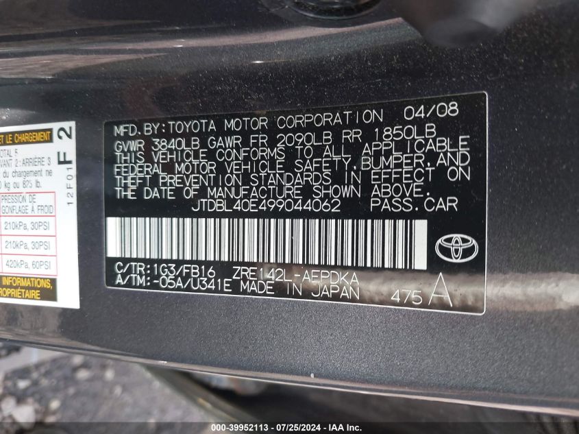 2009 Toyota Corolla Le/S/Xle VIN: JTDBL40E499044062 Lot: 39952113