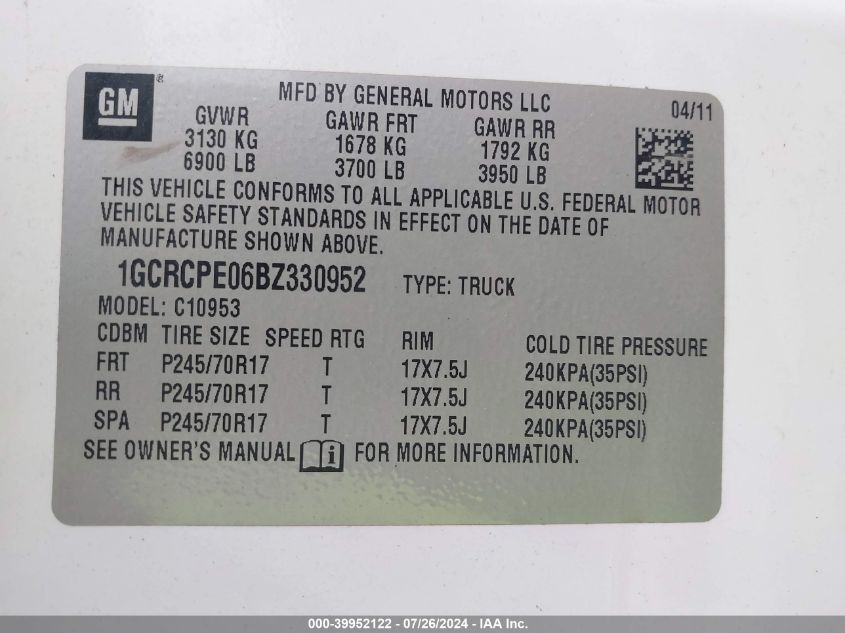 2011 Chevrolet Silverado 1500 Work Truck VIN: 1GCRCPE06BZ330952 Lot: 39952122