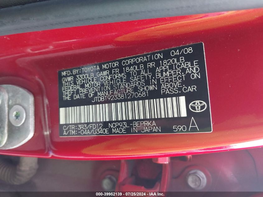 2008 Toyota Yaris S VIN: JTDBT923381270681 Lot: 39952139
