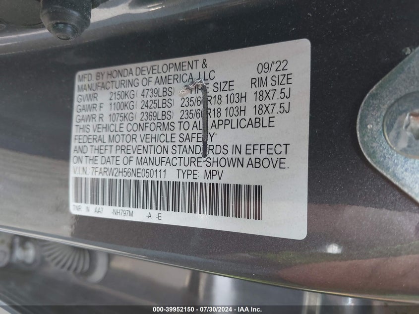 VIN 7FARW2H56NE050111 2022 HONDA CR-V AWD EX