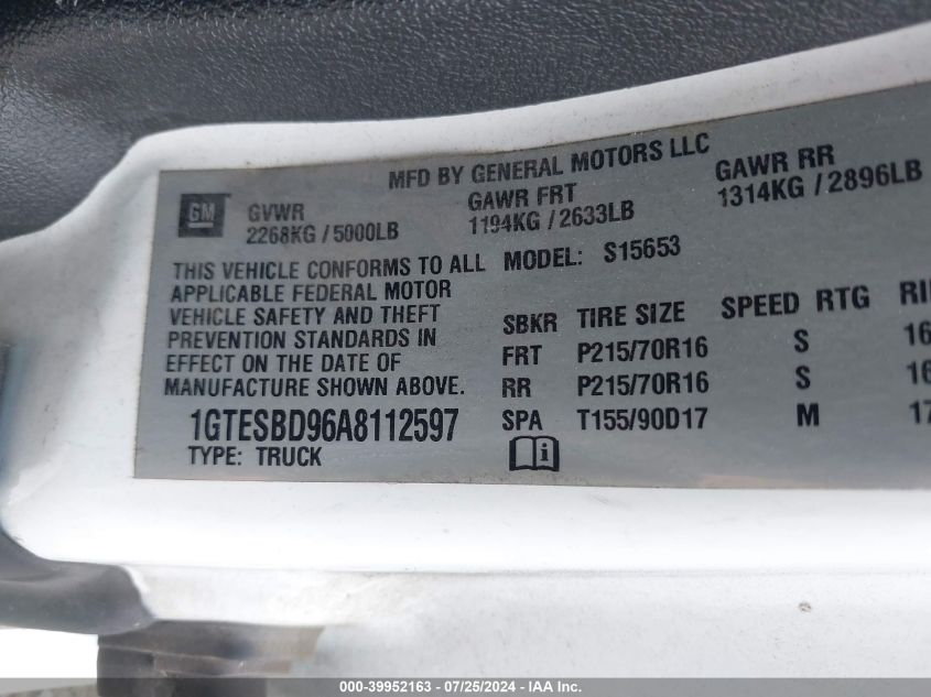 2010 GMC Canyon Work Truck VIN: 1GTESBD96A8112597 Lot: 39952163