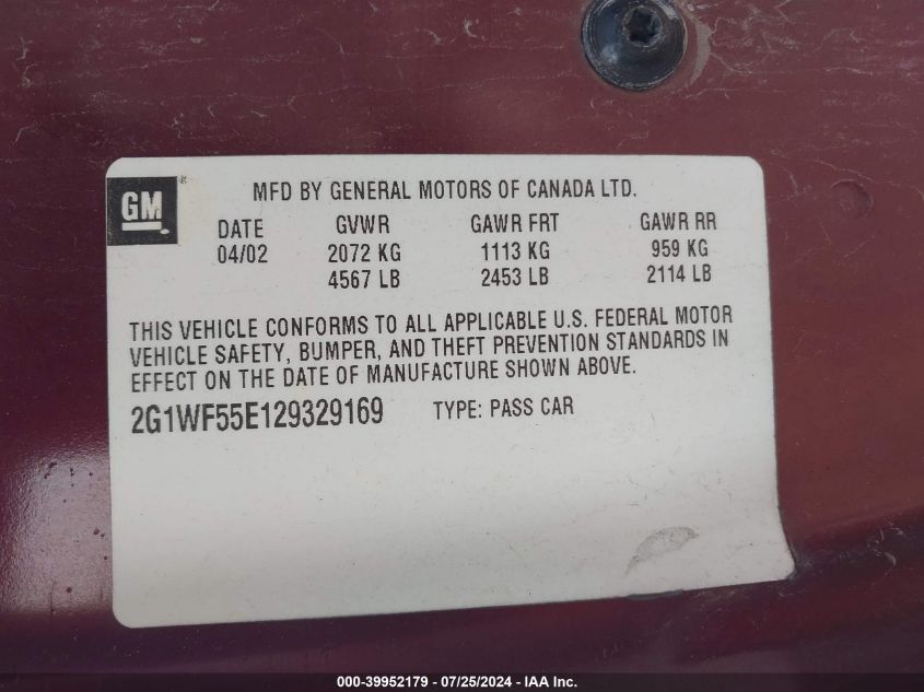 2002 Chevrolet Impala VIN: 2G1WF55E129329169 Lot: 39952179
