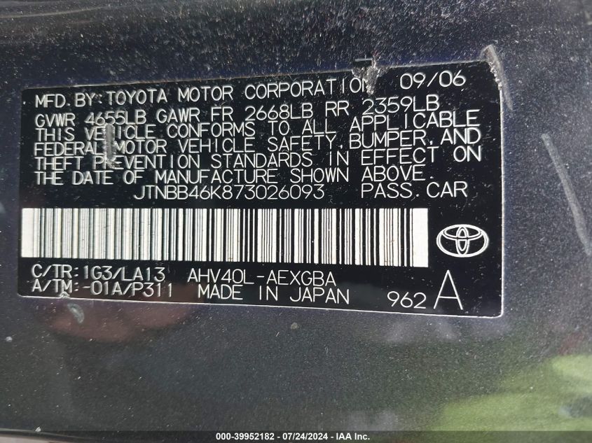 JTNBB46K873026093 | 2007 TOYOTA CAMRY HYBRID