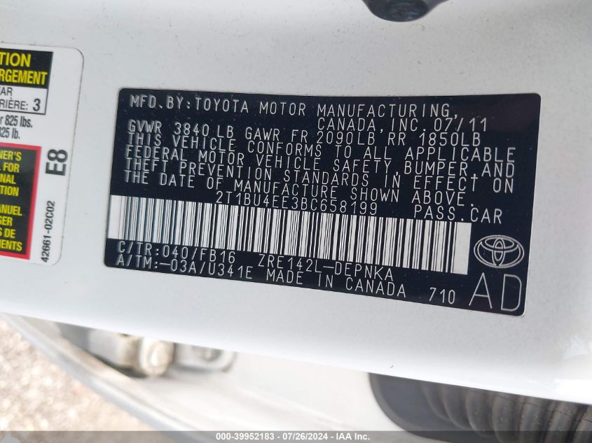 2011 Toyota Corolla Le VIN: 2T1BU4EE3BC658199 Lot: 39952183