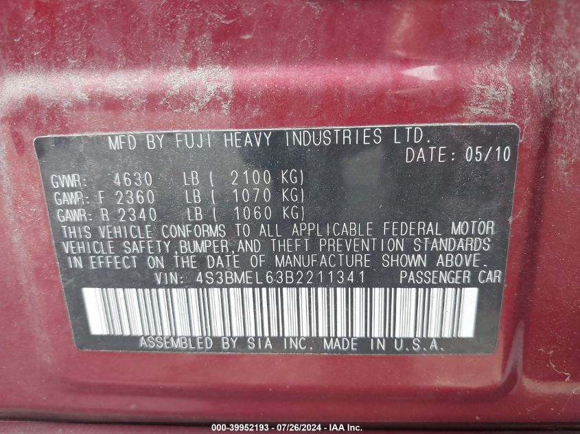 2011 Subaru Legacy 3.6R Limited VIN: 4S3BMEL63B2211341 Lot: 39952193