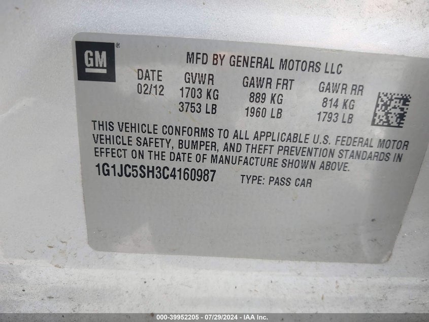 2012 Chevrolet Sonic 2Lt VIN: 1G1JC5SH3C4160987 Lot: 39952205