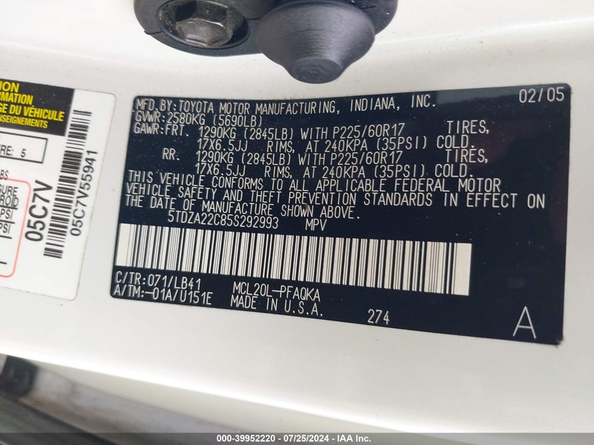 2005 Toyota Sienna Xle/Xle Limited VIN: 5TDZA22C85S292993 Lot: 39952220