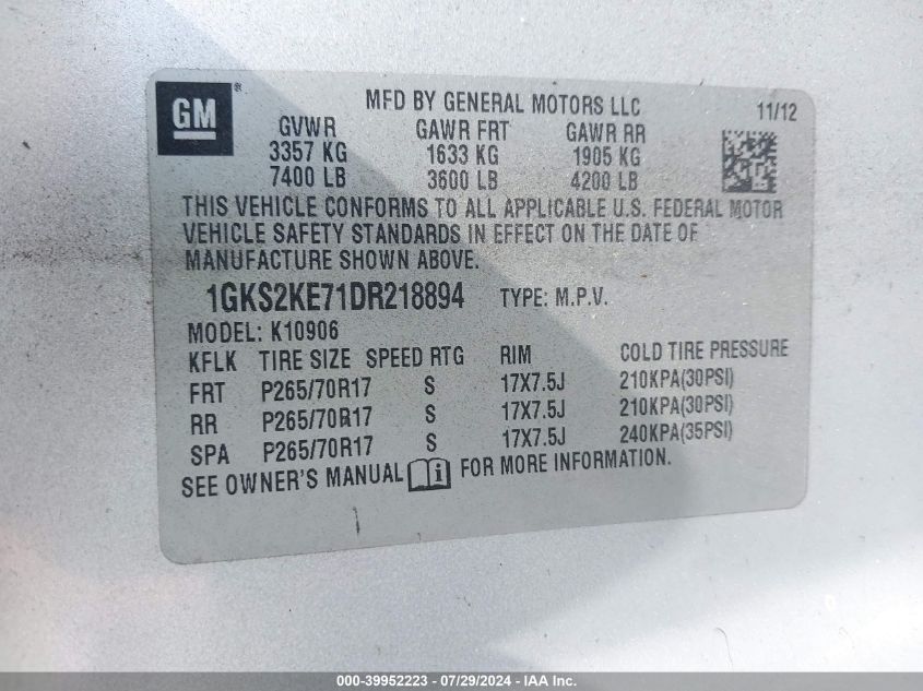 2013 GMC Yukon Xl 1500 Slt VIN: 1GKS2KE71DR218894 Lot: 39952223