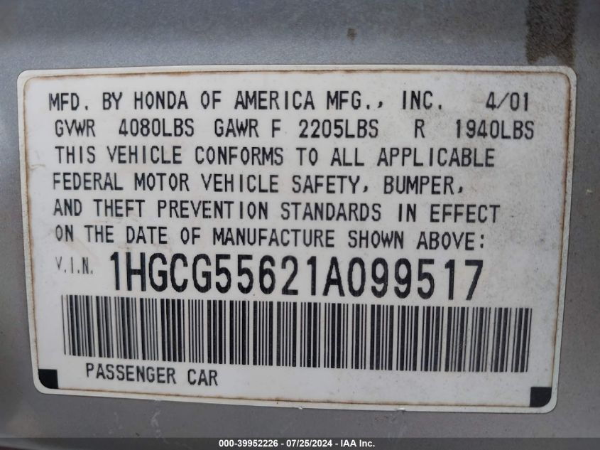 1HGCG55621A099517 | 2001 HONDA ACCORD