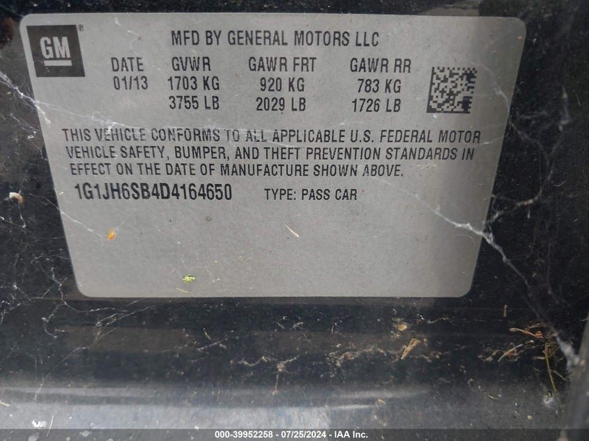 2013 Chevrolet Sonic Rs Manual VIN: 1G1JH6SB4D4164650 Lot: 39952258