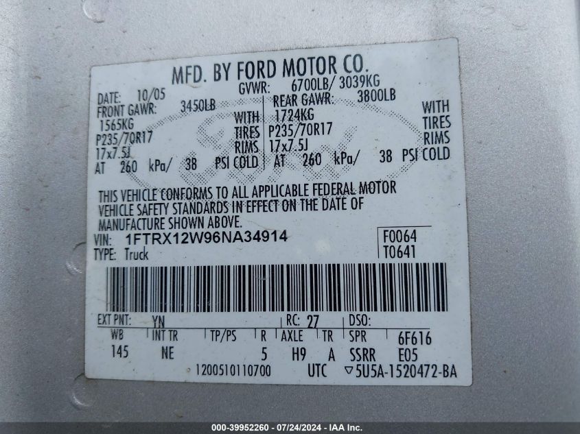 2006 Ford F-150 Stx/Xl/Xlt VIN: 1FTRX12W96NA34914 Lot: 39952260