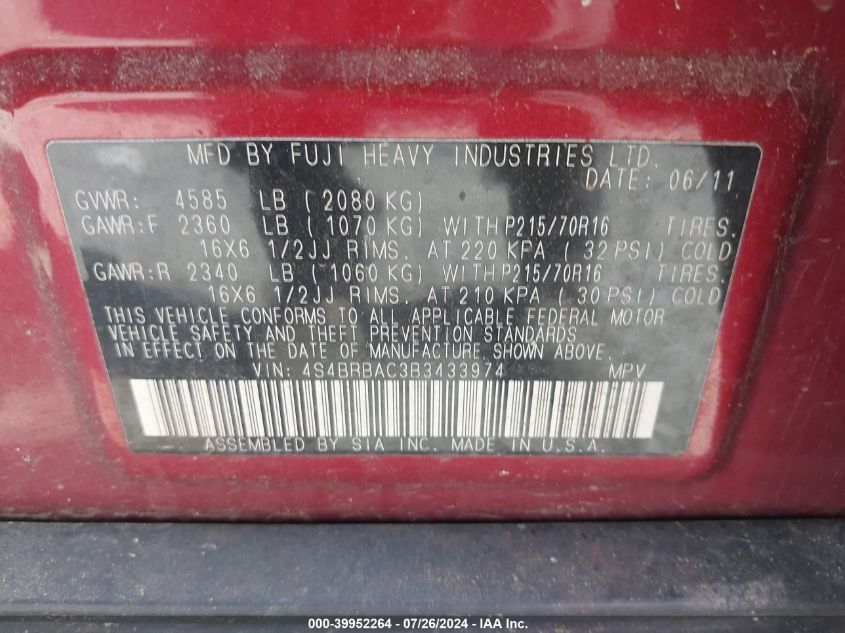 2011 Subaru Outback 2.5I VIN: 4S4BRBAC3B3433974 Lot: 39952264