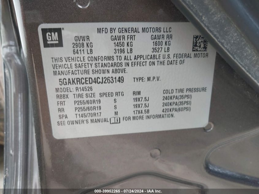 2012 Buick Enclave Leather VIN: 5GAKRCED4CJ263149 Lot: 39952265