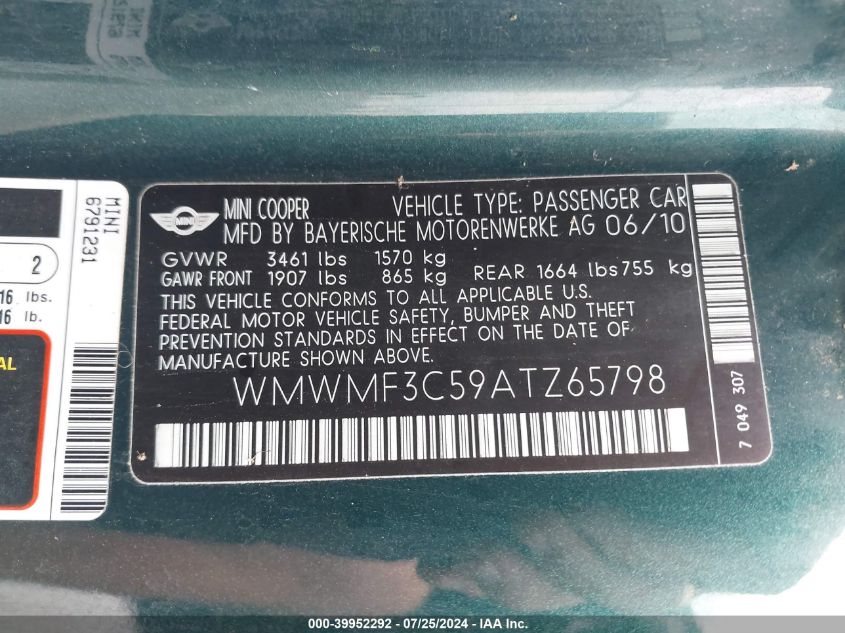2010 Mini Cooper VIN: WMWMF3C59ATZ65798 Lot: 39952292