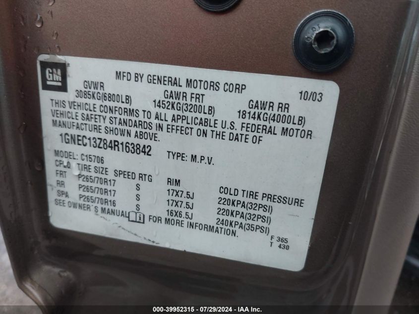 2004 Chevrolet Tahoe Ls VIN: 1GNEC13Z84R163842 Lot: 39952315