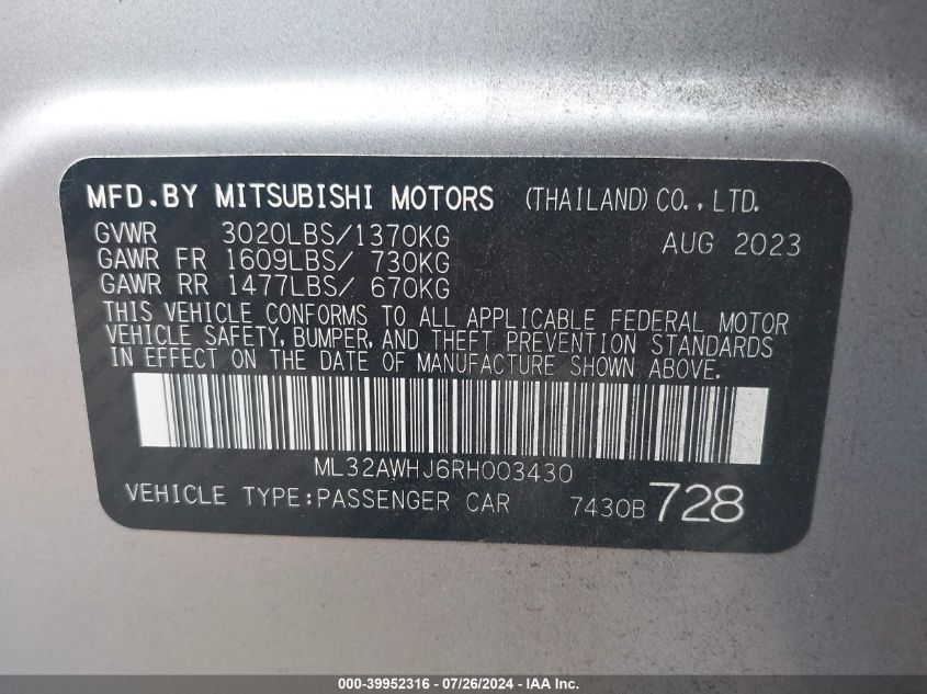 2024 Mitsubishi Mirage Se/Black Edition/Ralliart VIN: ML32AWHJ6RH003430 Lot: 39952316