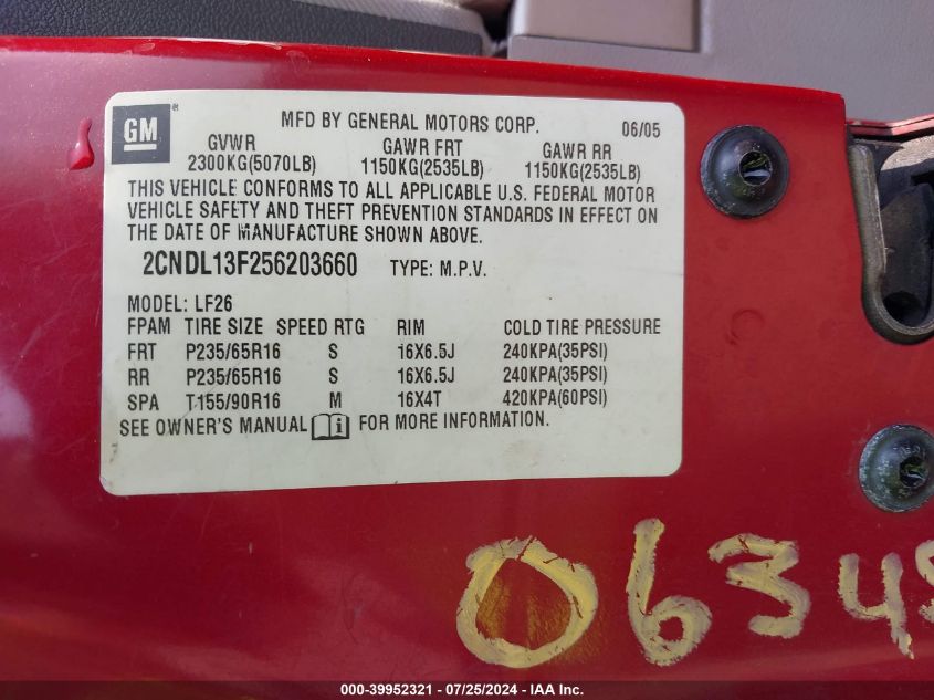 2005 Chevrolet Equinox Ls VIN: 2CNDL13F256203660 Lot: 39952321