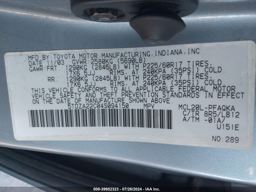 2004 Toyota Sienna Xle/Xle Limited VIN: 5TDZA22C04S094150 Lot: 39952323