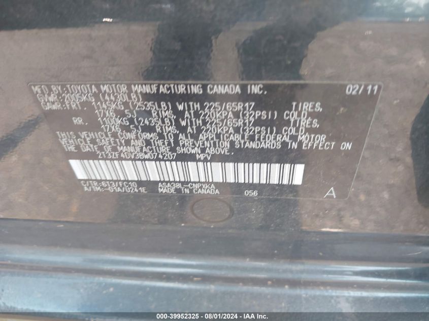 2011 Toyota Rav4 VIN: 2T3ZF4DV3BW074207 Lot: 39952325