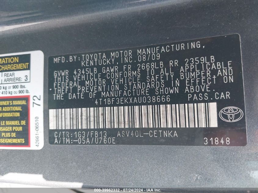 2010 Toyota Camry Le VIN: 4T1BF3EKXAU038666 Lot: 39952332