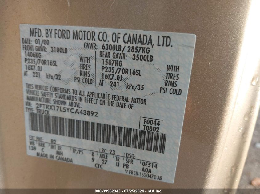 2000 Ford F-150 Lariat/Work Series/Xl/Xlt VIN: 2FTRX17L5YCA43892 Lot: 39952343