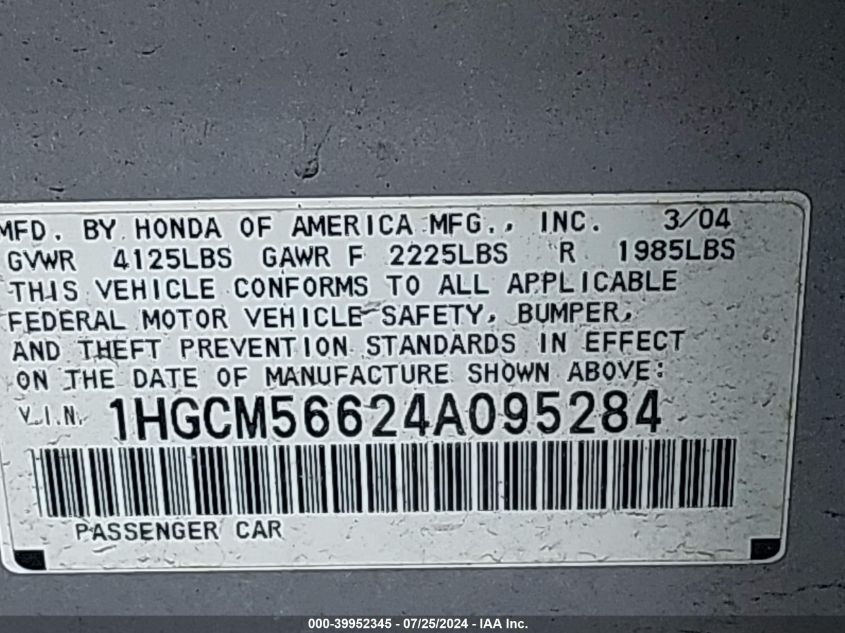 2004 Honda Accord Ex VIN: 1HGCM56624A095284 Lot: 39952345