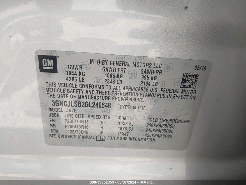 2016 Chevrolet Trax Lt VIN: 3GNCJLSB2GL240648 Lot: 39952353
