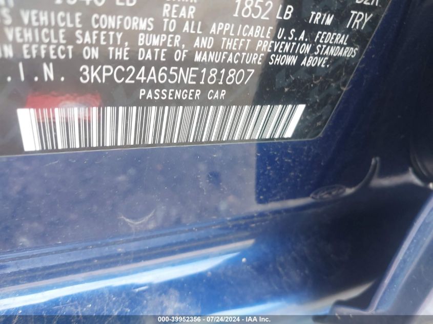 2022 Hyundai Accent Se VIN: 3KPC24A65NE181807 Lot: 39952356