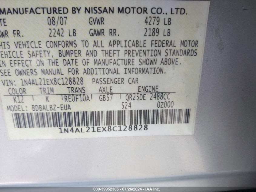 2008 Nissan Altima 2.5/2.5S VIN: 1N4AL21EX8C128828 Lot: 39952365