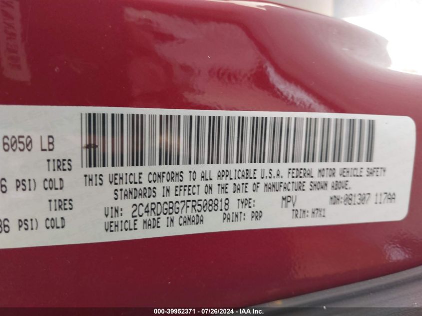 2015 Dodge Grand Caravan Se VIN: 2C4RDGBG7FR508818 Lot: 39952371