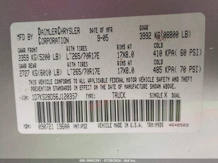 2006 Dodge Ram 2500 Slt/Trx4 Off Road/Sport/Power Wagon VIN: 1D7KS28D56J120357 Lot: 39952391