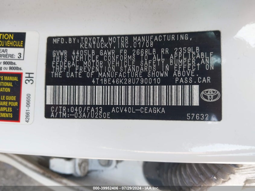 2008 Toyota Camry Xle VIN: 4T1BE46K28U790010 Lot: 39952406