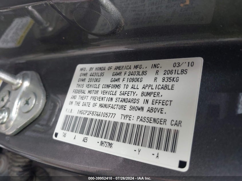 2010 Honda Accord Sdn 2.4 Ex-L/Ex-L VIN: 1HGCP2F87AA105777 Lot: 39952410