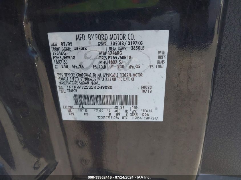 2005 Ford F-150 Lariat/Xlt VIN: 1FTPW12535KD49080 Lot: 39952416