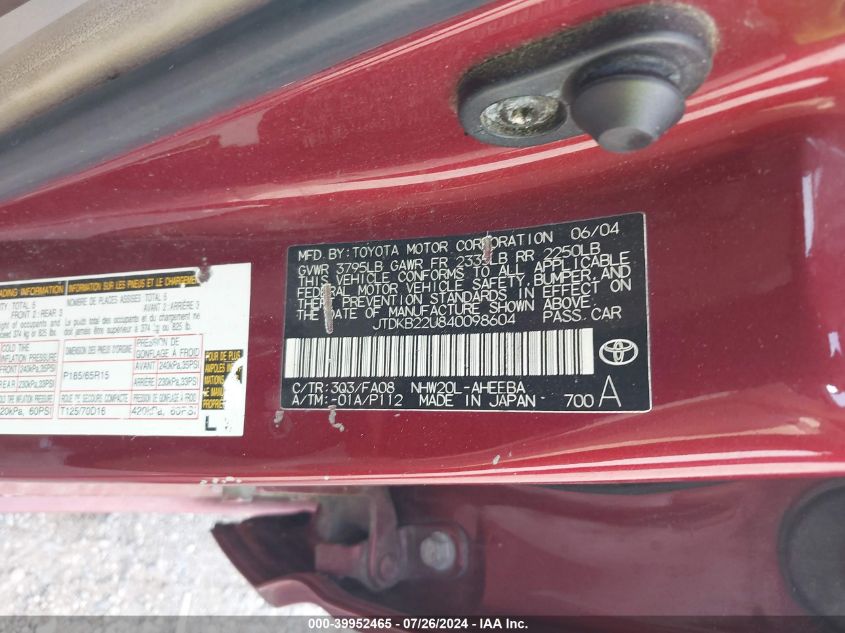 2004 Toyota Prius VIN: JTDKB22U840098604 Lot: 39952465