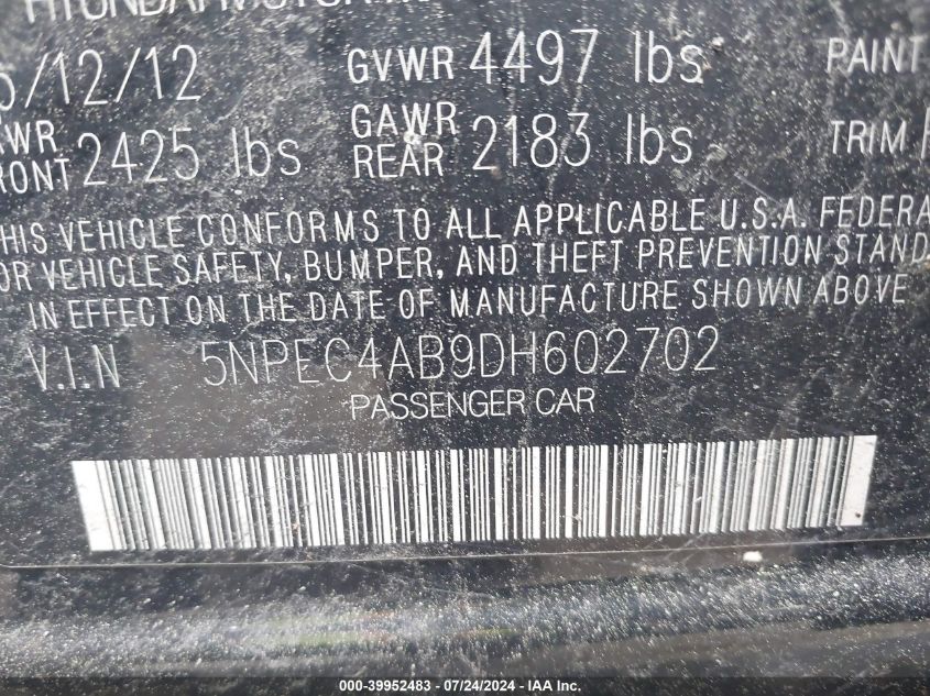 2013 Hyundai Sonata Limited 2.0T VIN: 5NPEC4AB9DH602702 Lot: 39952483