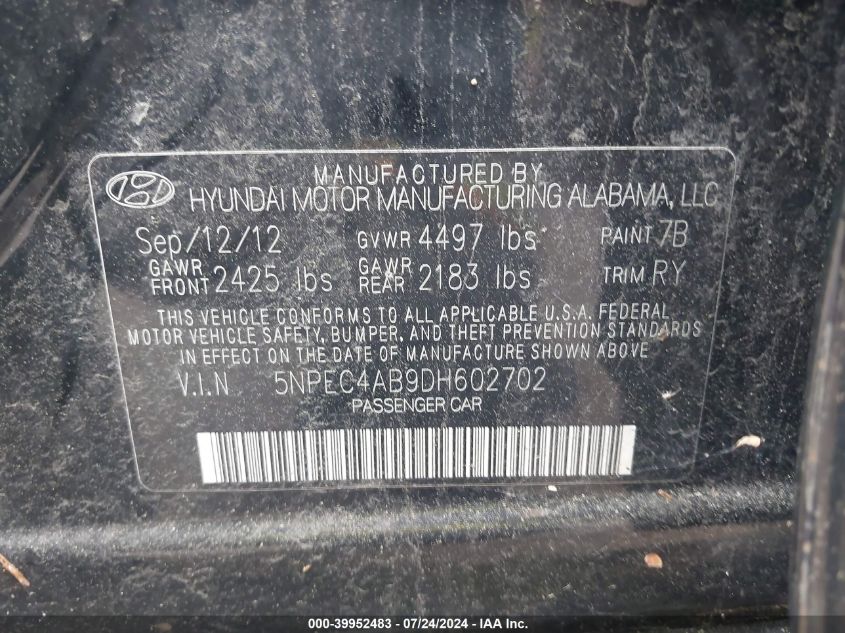 2013 Hyundai Sonata Limited 2.0T VIN: 5NPEC4AB9DH602702 Lot: 39952483