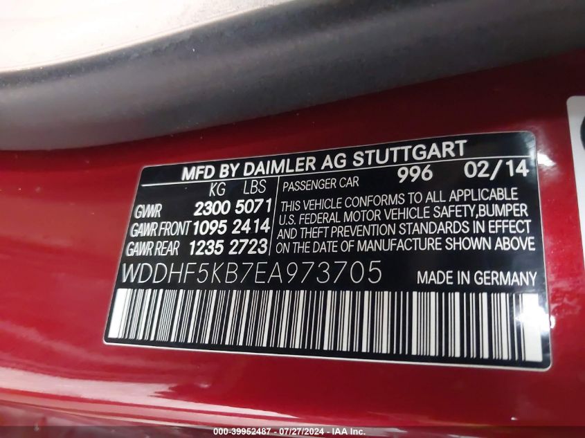 2014 Mercedes-Benz E 350 VIN: WDDHF5KB7EA973705 Lot: 39952487