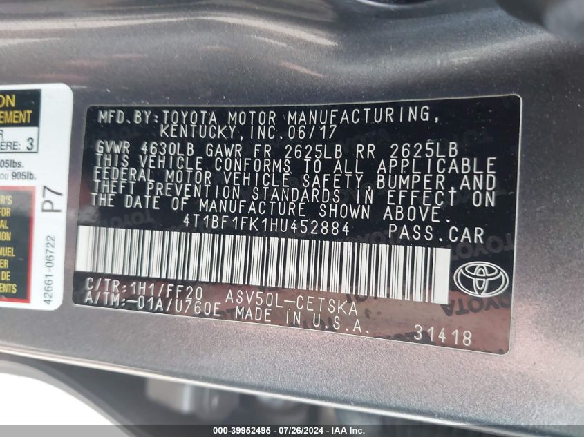 4T1BF1FK1HU452884 2017 Toyota Camry Se