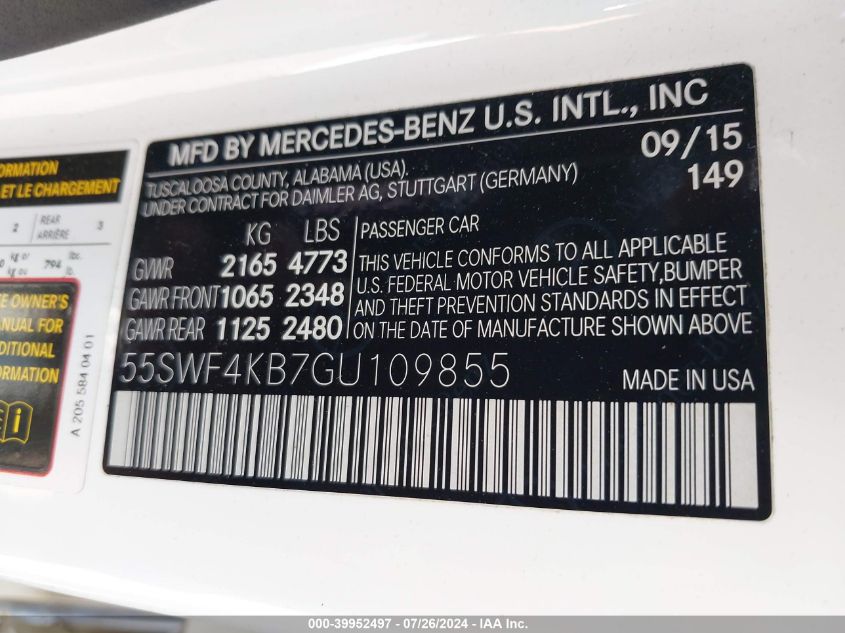 2016 Mercedes-Benz C 300 4Matic VIN: 55SWF4KB7GU109855 Lot: 39952497