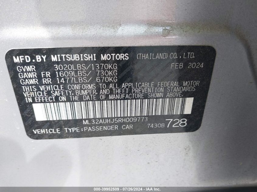 2024 Mitsubishi Mirage Es/Le VIN: ML32AUHJ5RH009773 Lot: 39952509